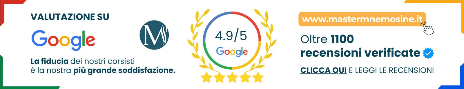 un banner in colori chiari per indicare l'affidabilità dei servizi offerti da mastermnemosine.it con punteggio delle recensioni altissime pari a quasi 5 stelle